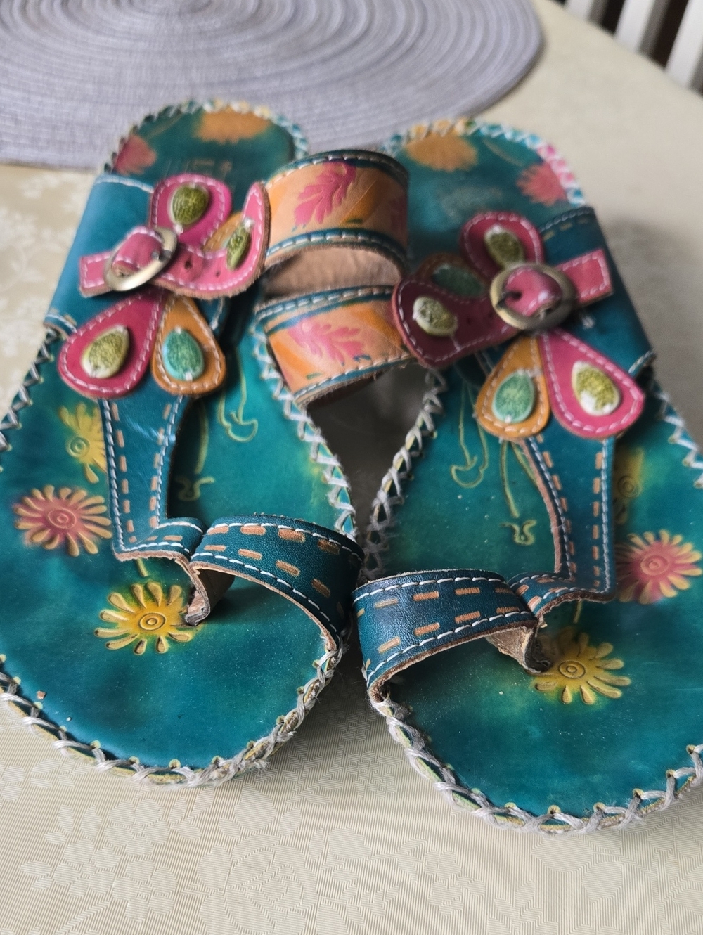 Teal Floral Leather Slide Sandals with Colorful Flower Appliqués